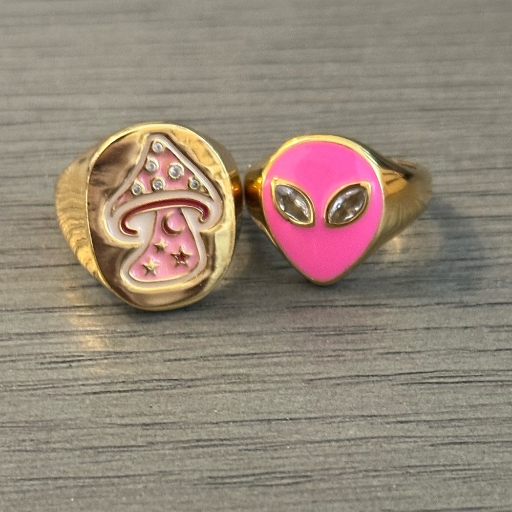 Gold and Pink Alien and Mushroom Ring Set